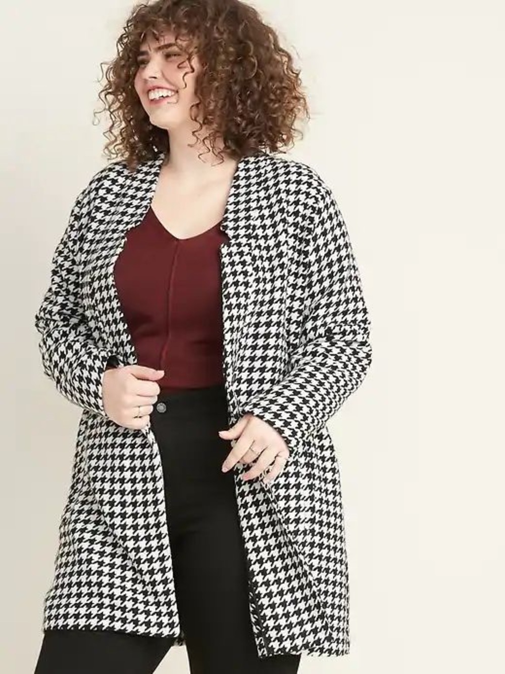 Old Navy Black & White Houndstooth Trench Coat - Plus Size - 3x